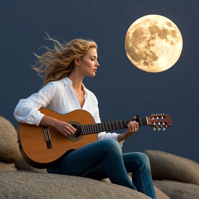 Blonde woman playing guitar under moon