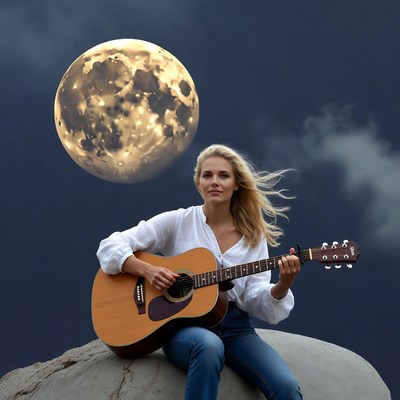Blonde woman playing guitar under full moon