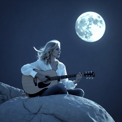 Woman playing guitar under full moon