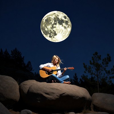 Blonde woman playing guitar under full moon