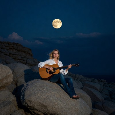Woman playing guitar under moonlit rocks
