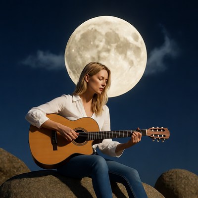 Blonde woman playing guitar under full moon