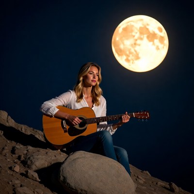 Woman playing guitar under full moon
