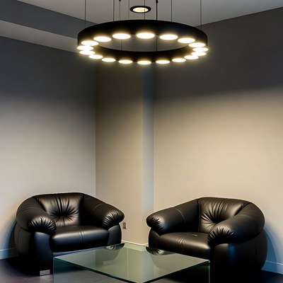 Modern Black Leather Armchairs with Glass Table