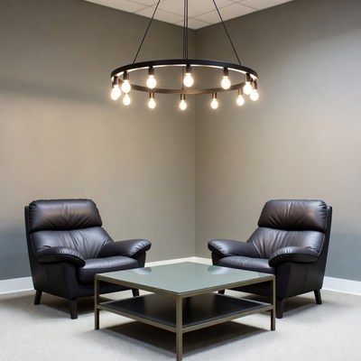 Modern black leather chairs with pendant light