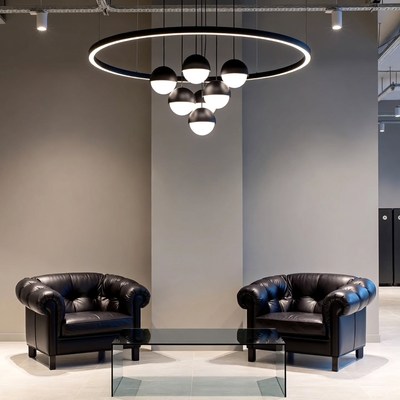 Modern black leather armchairs with pendant light