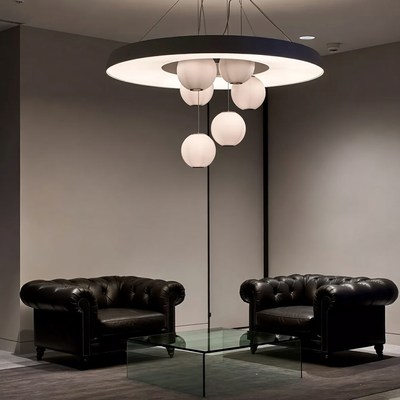 Modern black leather chairs with chandelier