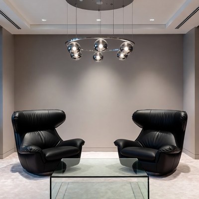 Modern black leather chairs with glass table