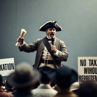 Man in tricorn hat shouting no taxation