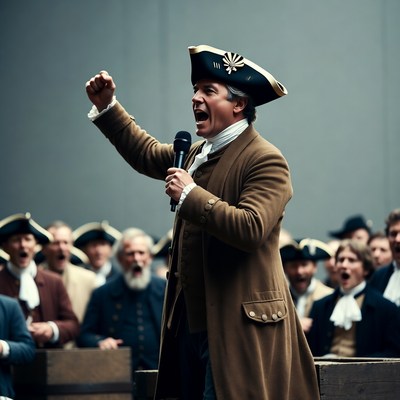 Man in tricorn hat speaking with microphone