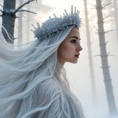 Ice Queen with Flowing Hair in Snowy Forest