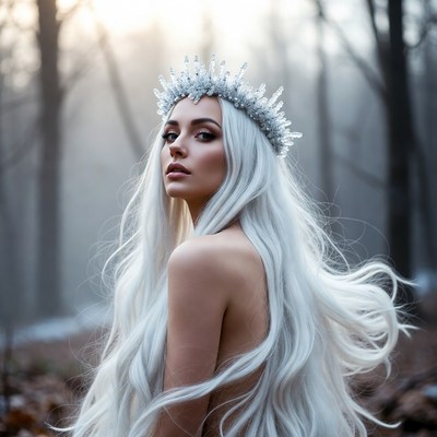 Nude woman with white hair in snowy forest