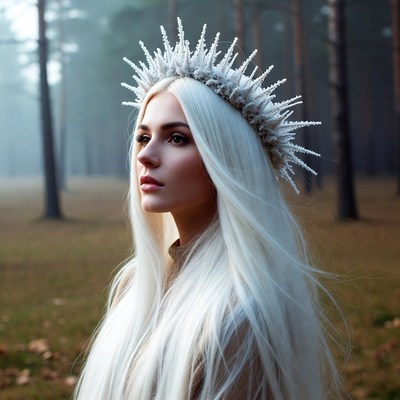 Woman with Spiky Crown in Foggy Forest