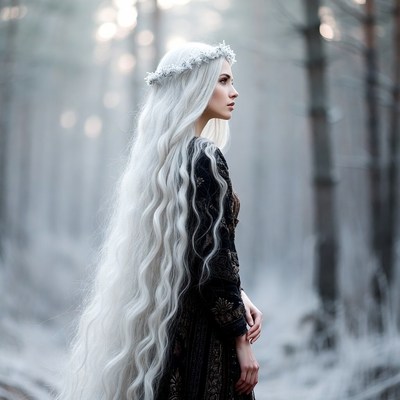 Woman with long white hair in misty forest