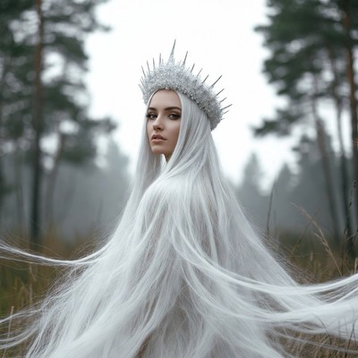 Woman with silver crown in snowy forest