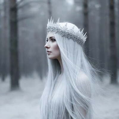 Woman with silver crown in snowy forest