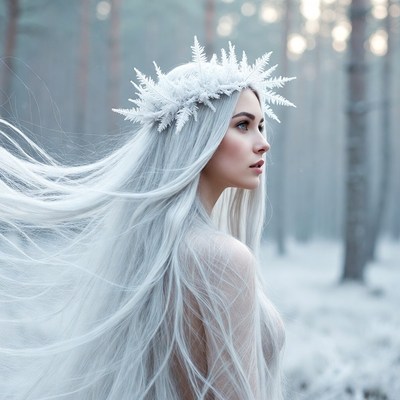 Nude woman with white hair in snowy forest