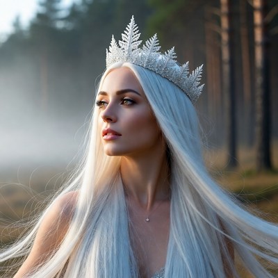 Woman with snowflake crown in forest