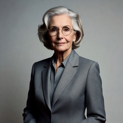 Elderly woman in gray suit