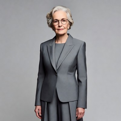 Elderly woman in gray suit