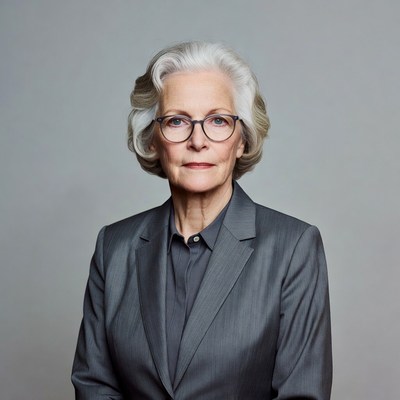 Elderly woman in gray suit glasses