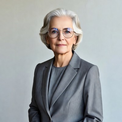 Elderly woman in gray suit