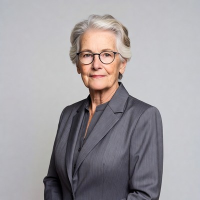 Elderly woman in gray suit