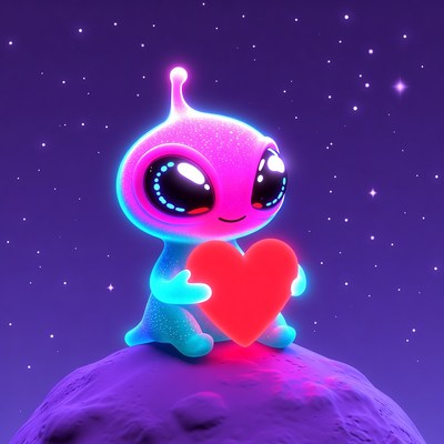 Cute Alien Holding Heart on Moon