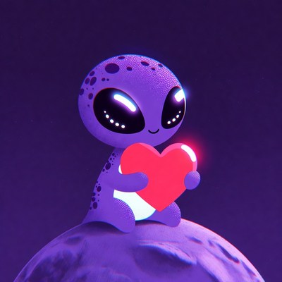 Cute Alien Holding Heart on Moon