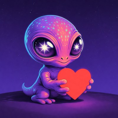 Cute baby alien holding red heart