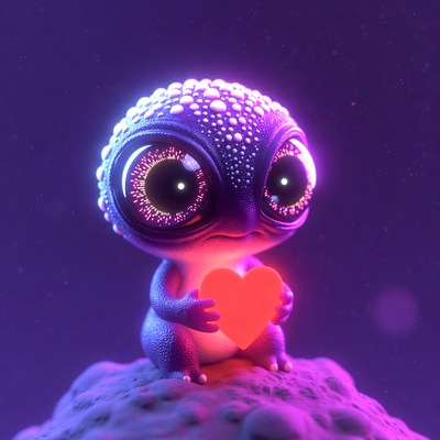 Cute alien creature holding heart
