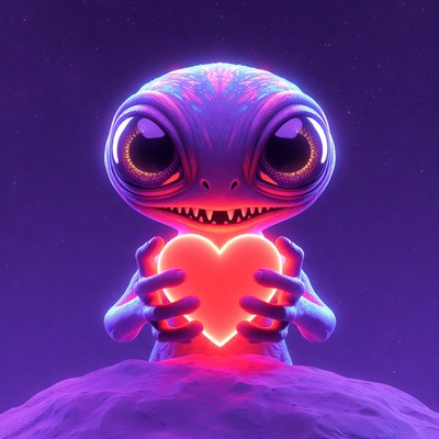 Cute Alien Holding Glowing Heart