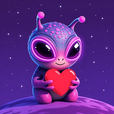 Cute purple alien holding red heart
