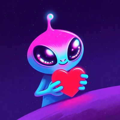 Cute alien holding red heart