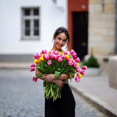 Asian woman holding tulips