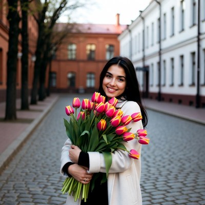 Woman holding tulips on street