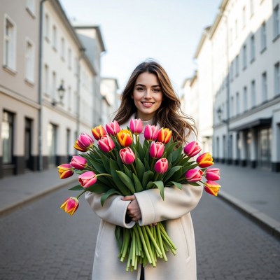 Woman holding tulips on street