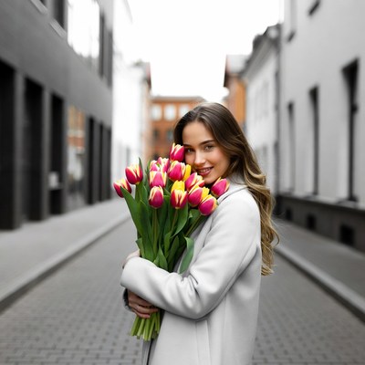 Woman holding tulips in urban street