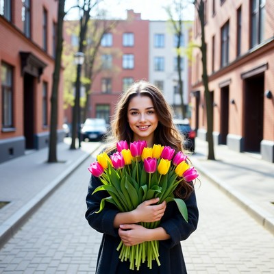 Young woman holding tulips in city street