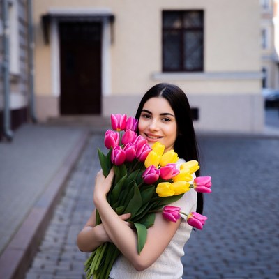 Woman holding colorful tulips on street