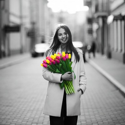 Woman holding tulips on street