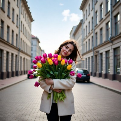 Woman holding tulips on street