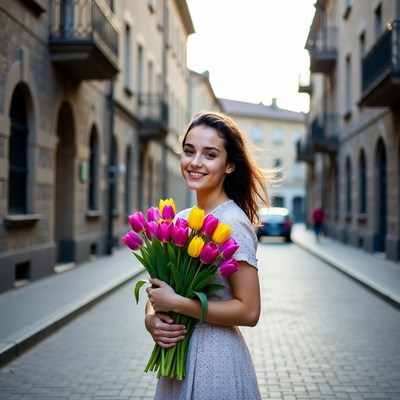 Young woman holding tulips in street