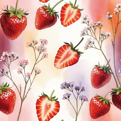 Watercolor Strawberries and Flowers Pattern