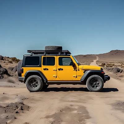 Yellow Jeep Wrangler on Desert Trail