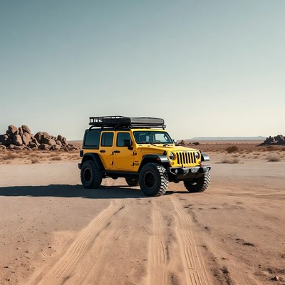 Yellow Jeep Wrangler in Desert