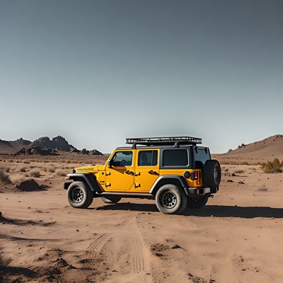 Yellow Jeep Wrangler in Desert