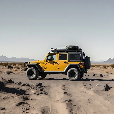 Yellow Jeep Wrangler in Desert