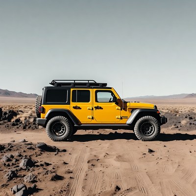 Yellow Jeep Wrangler in Desert