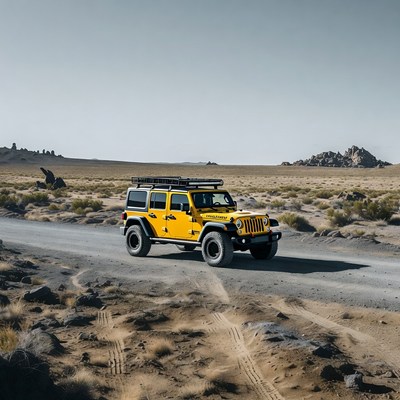 Yellow Jeep Wrangler in Desert